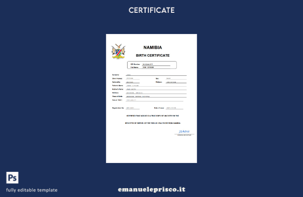 certificato di nascita della Namibia in stile verificato modello Word e PDF